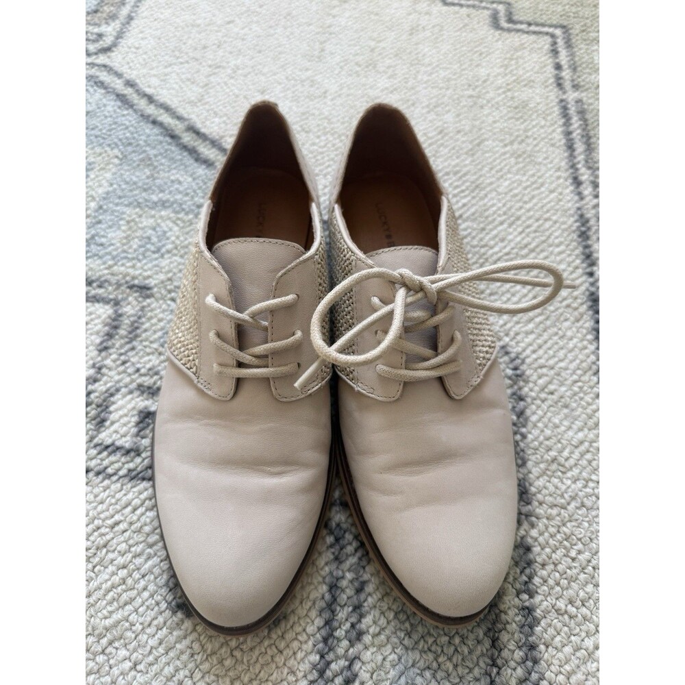 Lucky Brand Elyza Nude Beige Leather Woven Raffia Lace Up Oxfords Size 8/39
